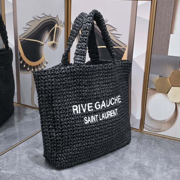 SAINT LAURENT BLACK TOTE RIVE GAUCHE RAFFIA CROCHET