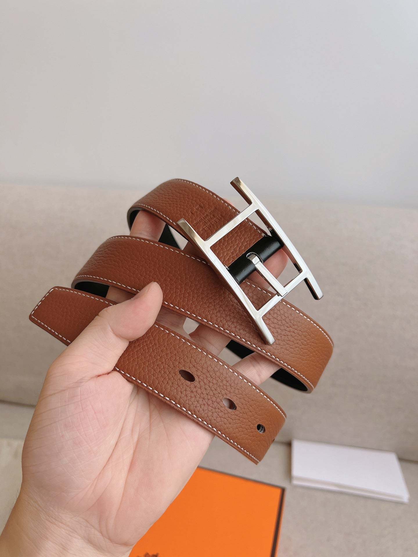 HM QUENTIN REVERSIBLE BELT BROWN SILVER METAL 32MM