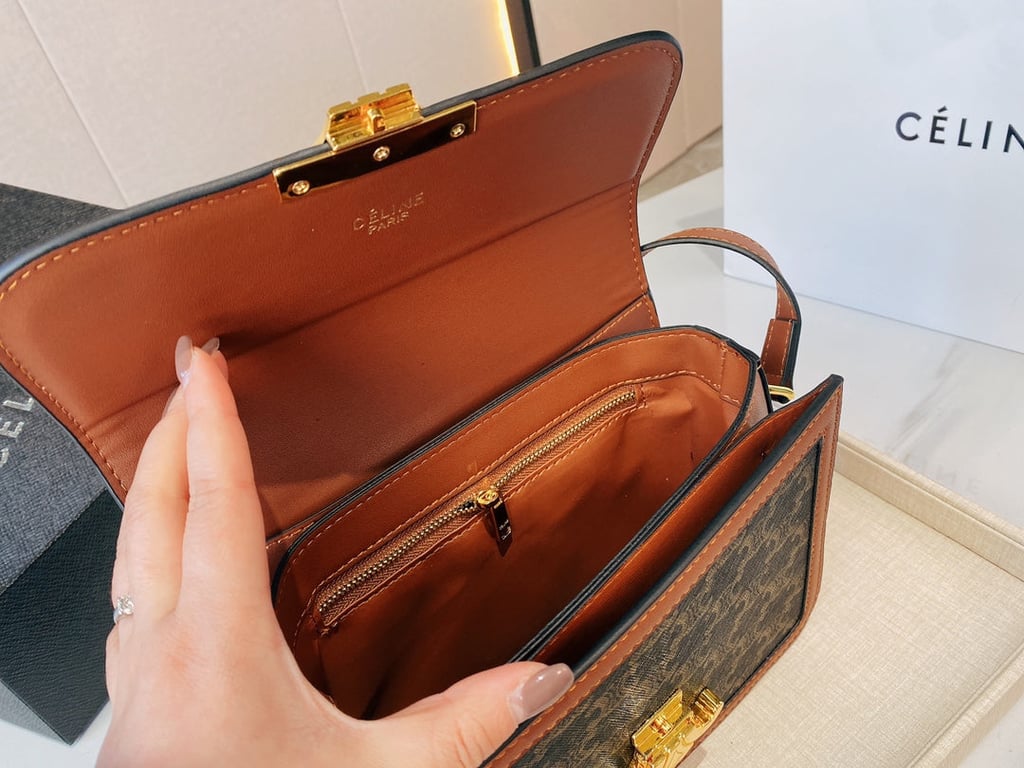 CE CLASSIQUE TRIOMPHE BAG IN TRIOMPHE CANVAS AND CALFSKIN TAN 22CM