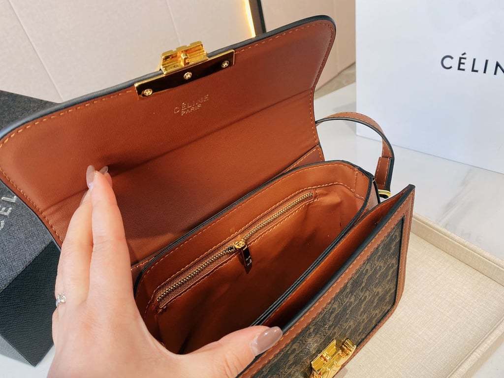 CE CLASSIQUE TRIOMPHE BAG IN TRIOMPHE CANVAS AND CALFSKIN TAN 22CM