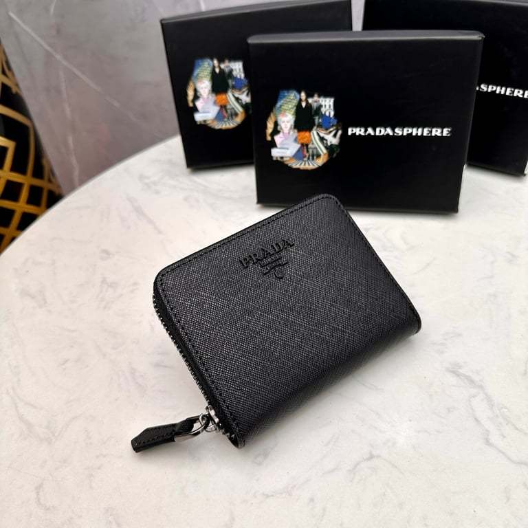 PR SAFFIANO LEATHER COIN PURSE FULL BLACK WALLET 10CM 1MM268 QWA F0016