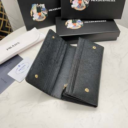 PR SAFFIANO LEATHER FLAP LONG WALLET BLACK AND GOLD 19CM 1MH132 ZLP F061H