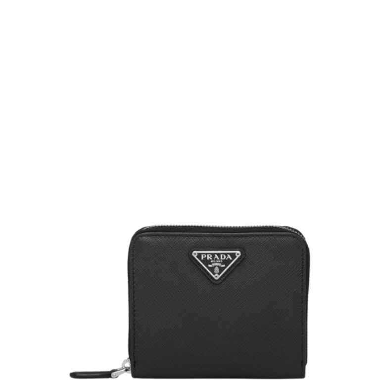 PR SMALL SAFFIANO LEATHER WALLET BLACK AND SILVER 10CM 1ML036 QHH F0002