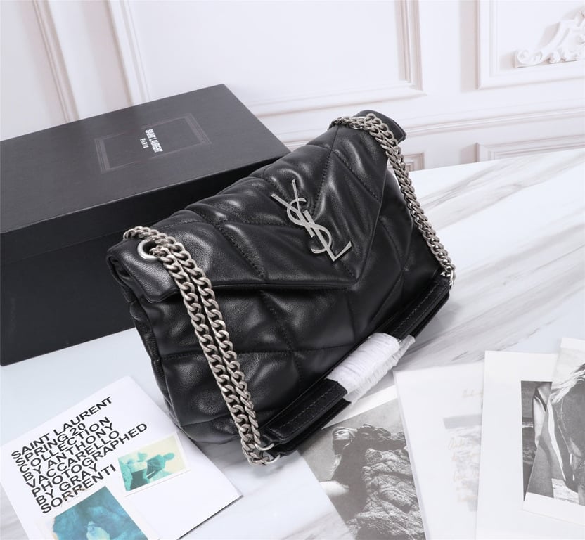 SAINT LAURENT PUFFER SMALL CHAIN BAG IN QUILTED LAMBSKIN BLACK SILVER