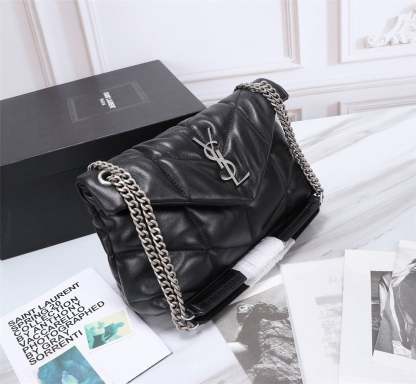 SAINT LAURENT PUFFER SMALL CHAIN BAG IN QUILTED LAMBSKIN BLACK SILVER