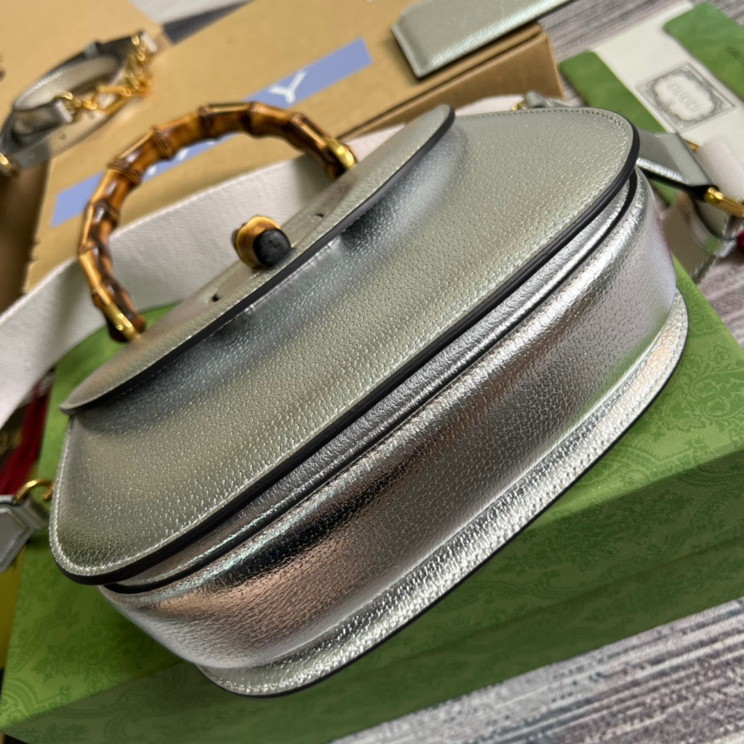 gg Bamboo 1947 Medium Top Handle Bag Silver For Women, Women’s Bags 10.2in/26cm gg