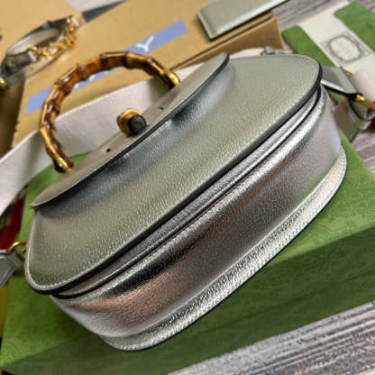 gg Bamboo 1947 Medium Top Handle Bag Silver For Women, Women’s Bags 10.2in/26cm gg