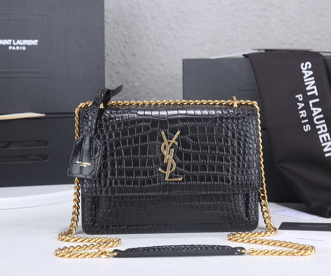 YSL SUNSET MEDIUM CHAIN GAB IN CROCODILE EMBOSSED SHINY BLACK GOLD 22CM 442906DND0J1000