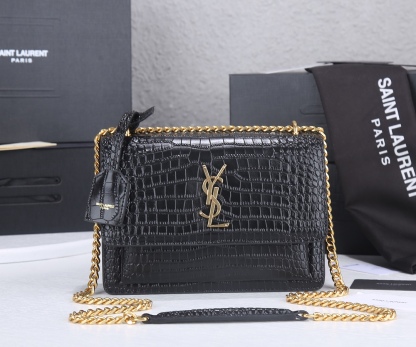 YSL SUNSET MEDIUM CHAIN GAB IN CROCODILE EMBOSSED SHINY BLACK GOLD 22CM 442906DND0J1000