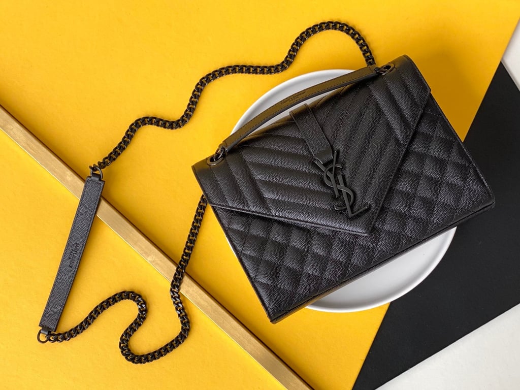 SAINT LAURENT ENVELOPE MEDIUM CHAIN BAG IN MIX MATELASSE GRAIN DE POUDRE EMBOSSED BLACK NOIR 24CM