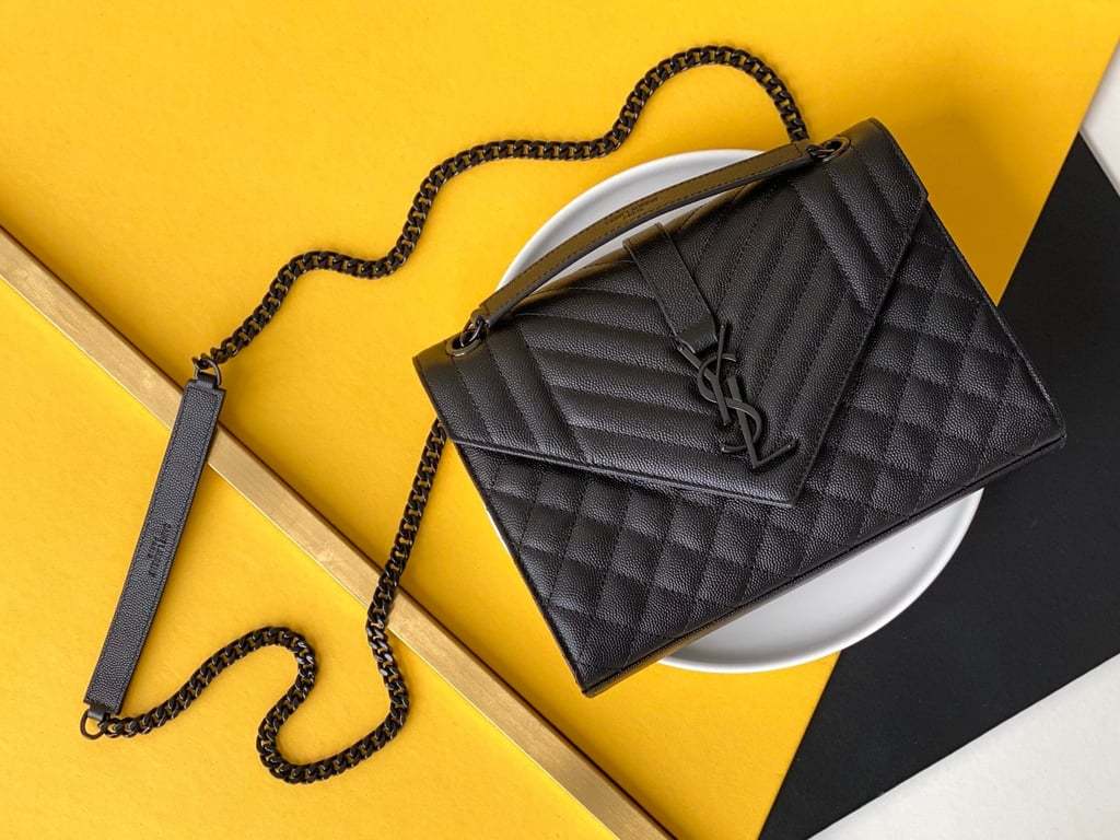 SAINT LAURENT ENVELOPE MEDIUM CHAIN BAG IN MIX MATELASSE GRAIN DE POUDRE EMBOSSED BLACK NOIR 24CM