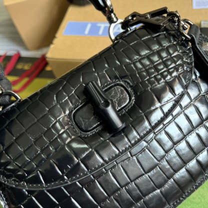 gg Bamboo 1947 Crocodile Top Handle Bag Black For Women, Women’s Bags 10.2in/26cm gg