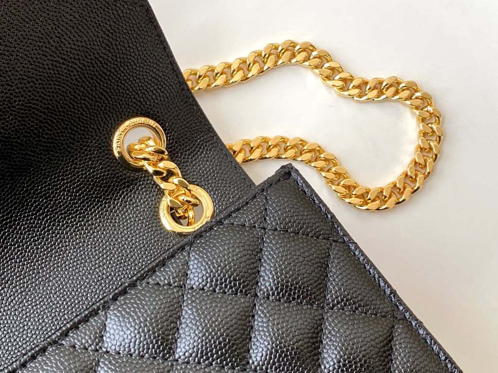 SAINT LAURENT ENVELOPE MEDIUM CHAIN BAG IN SUPPLE MATELASSE LEATHER BLACK GOLD 24CM