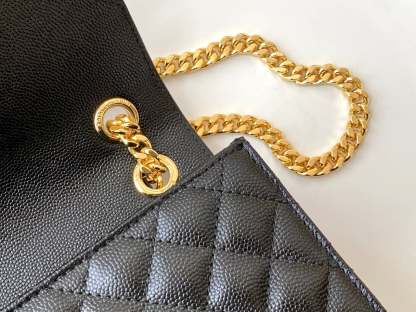SAINT LAURENT ENVELOPE MEDIUM CHAIN BAG IN SUPPLE MATELASSE LEATHER BLACK GOLD 24CM