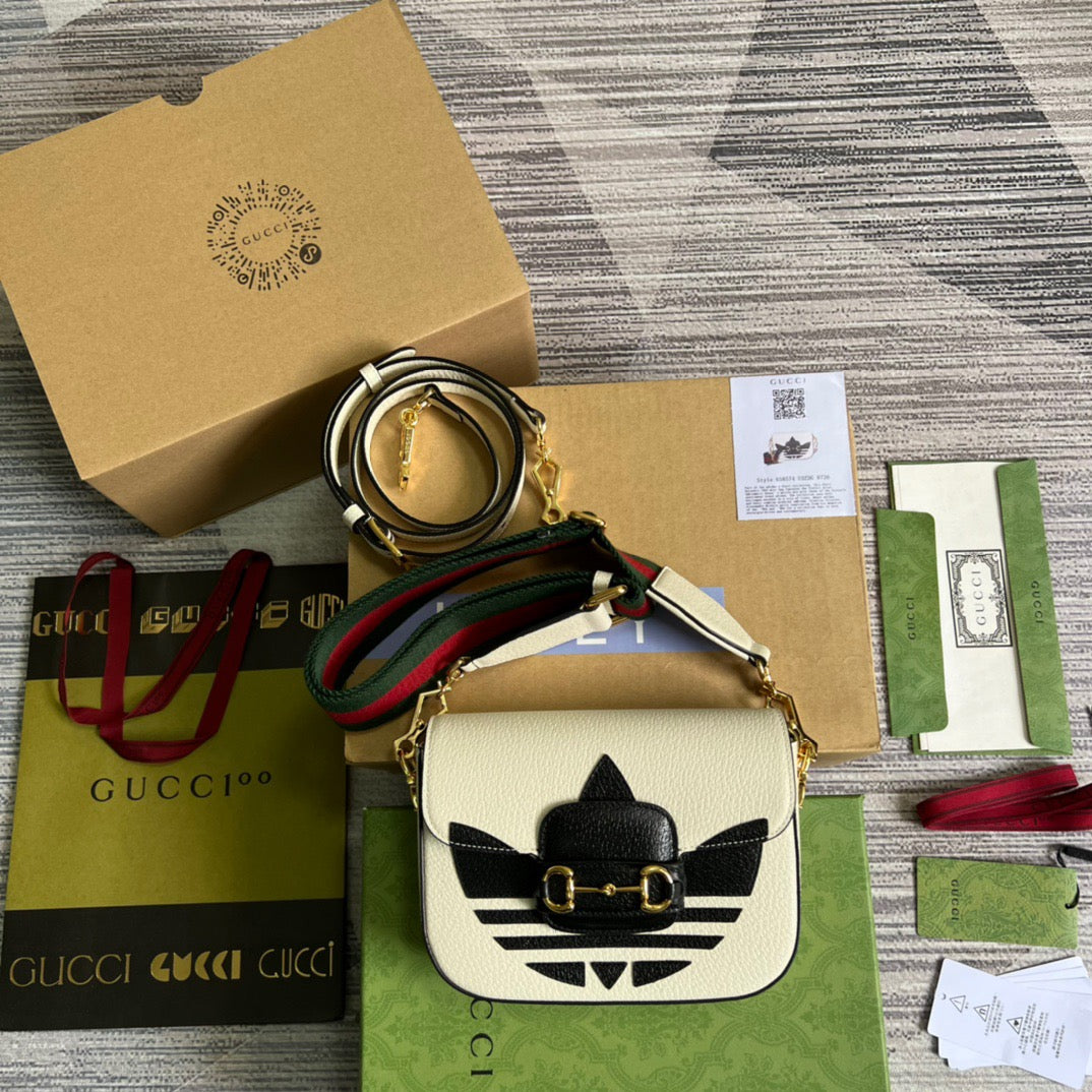 gg x Adidas Horsebit 1955 Mini Bag White For Women, Women&#8217;s Bags 8.1in/21cm gg 658574 U3ZDG 8727