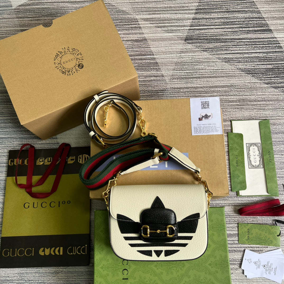 gg x Adidas Horsebit 1955 Mini Bag White For Women, Women&#8217;s Bags 8.1in/21cm gg 658574 U3ZDG 8727