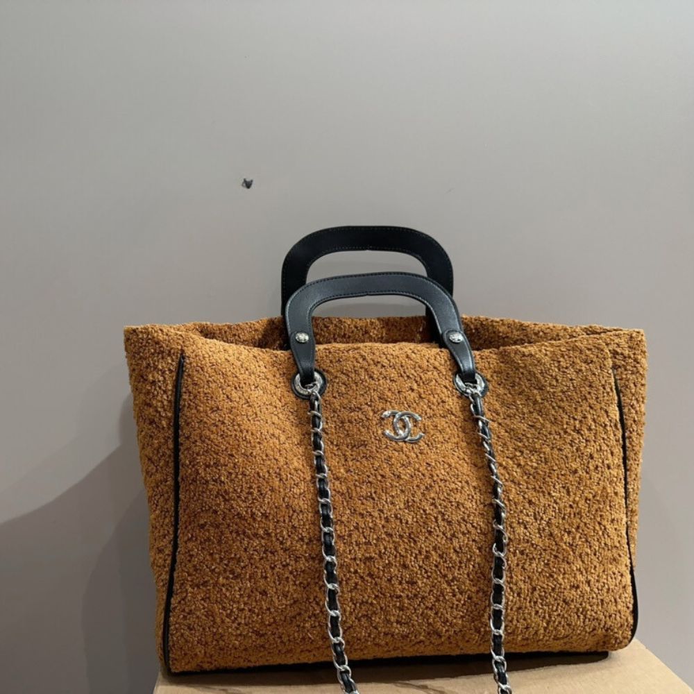 CC DEAUVILLE LARGE TOTE SHOPPING BAG CRUMPLED SHEARLING BROWN 40CM