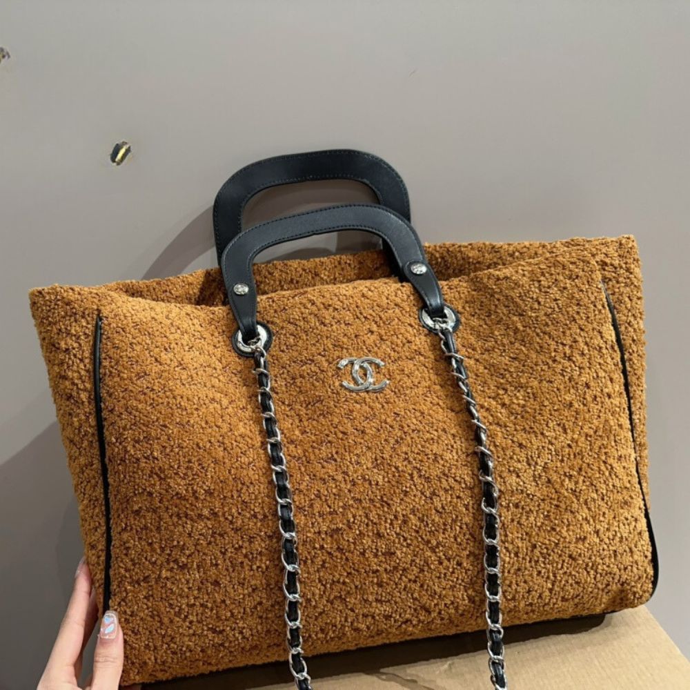 CC DEAUVILLE LARGE TOTE SHOPPING BAG CRUMPLED SHEARLING BROWN 40CM