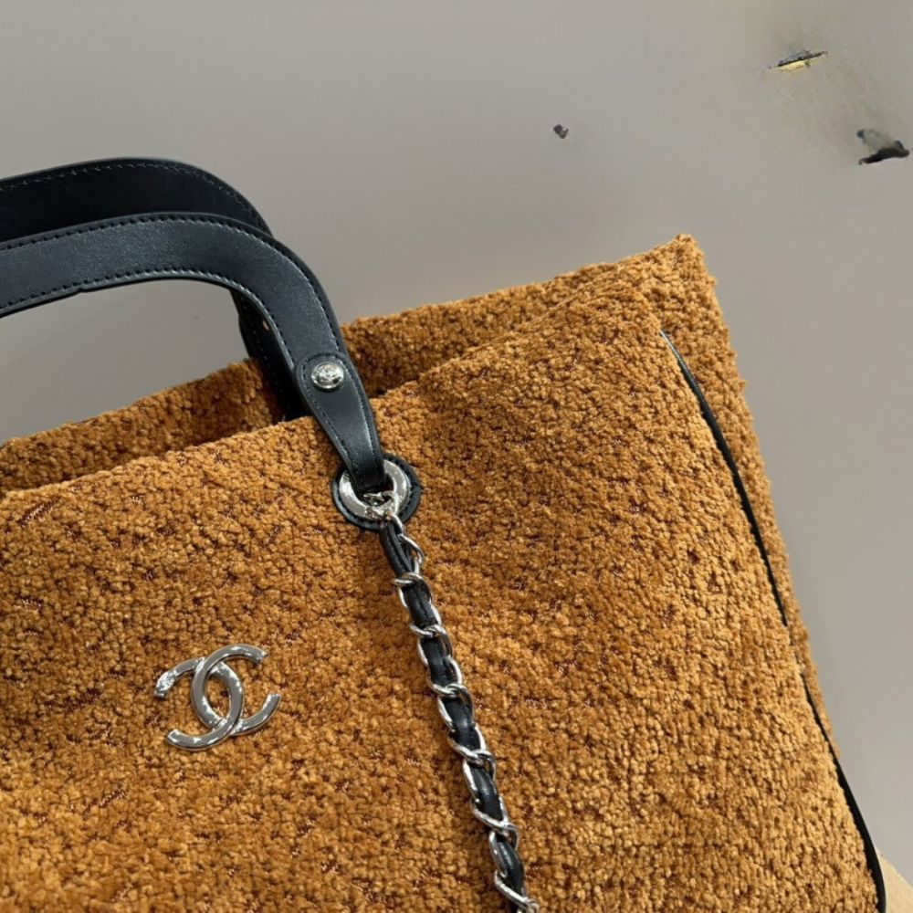 CC DEAUVILLE LARGE TOTE SHOPPING BAG CRUMPLED SHEARLING BROWN 40CM