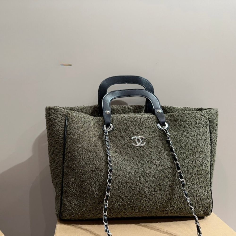 CC DEAUVILLE LARGE TOTE SHOPPING BAG CRUMPLED SHEARLING GREY 40CM