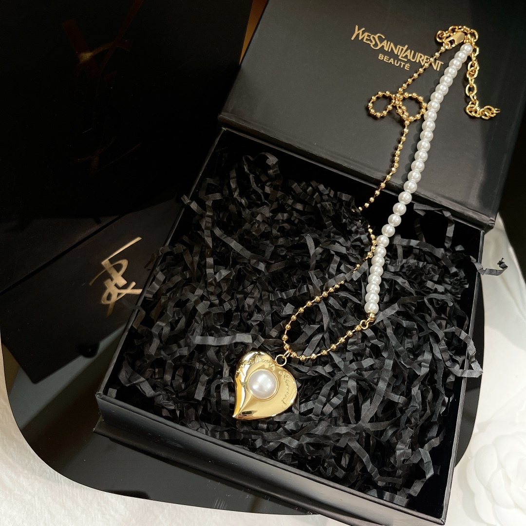 SAINT LAURENT HEART PEARL NECKLACE