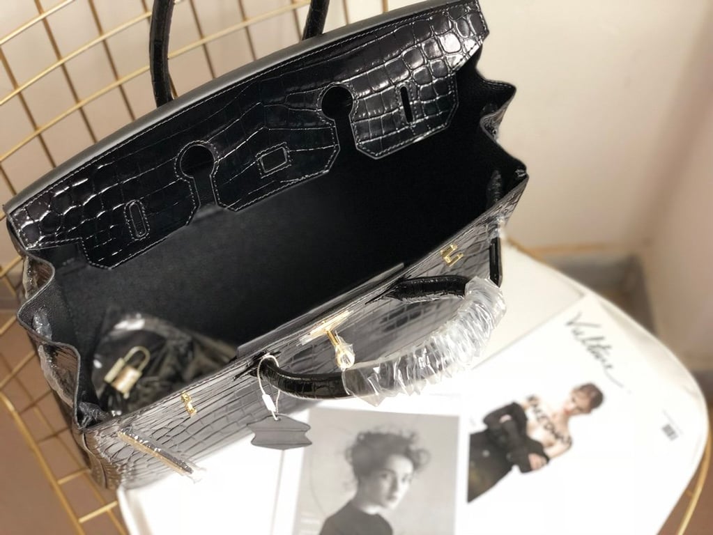 HM BIRKIN 30 BLACK NOIR SHINY POROSUS CROCODILE 30CM