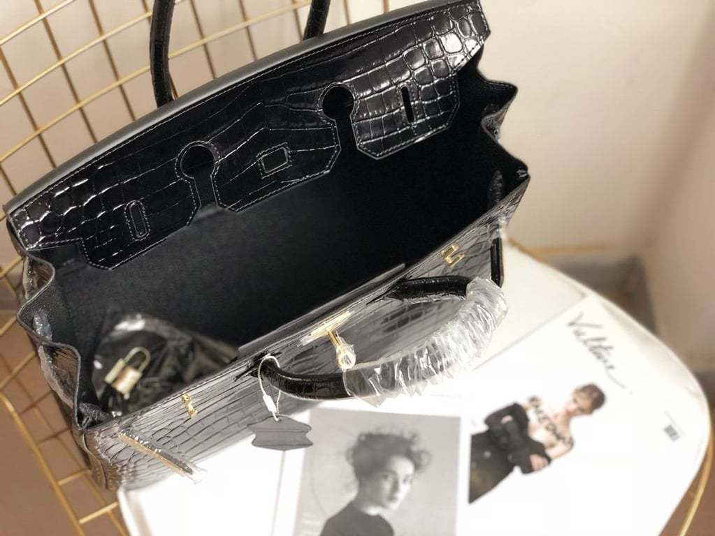 HM BIRKIN 30 BLACK NOIR SHINY POROSUS CROCODILE 30CM