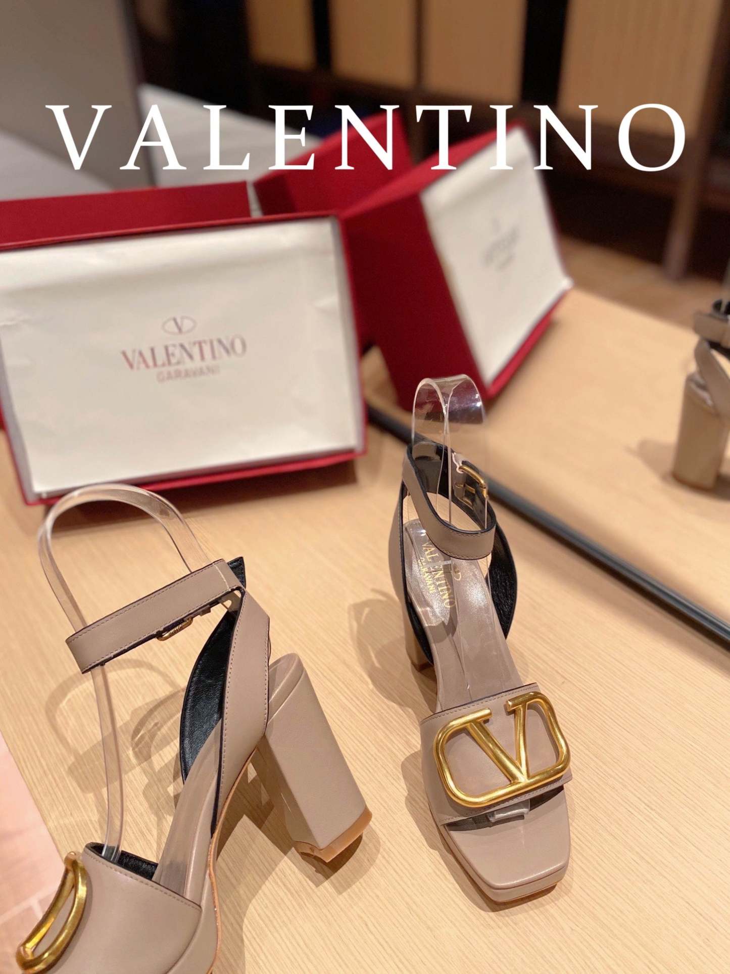 Valentino Garavani Strap Heeled Sandals With V Logo Signature Embellishment Beige For Women