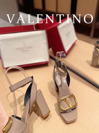 Valentino Garavani Strap Heeled Sandals With V Logo Signature Embellishment Beige For Women