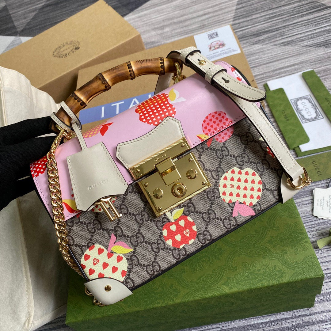 gg Padlock gg Small amboo Strawberry Shoulder Bag Beige For Women, Women’s Bags 9.5in/24cm gg