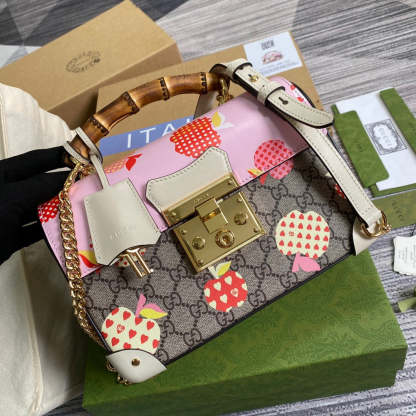 gg Padlock gg Small amboo Strawberry Shoulder Bag Beige For Women, Women’s Bags 9.5in/24cm gg