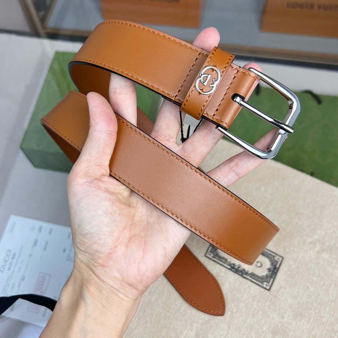 GG BROWN BELT WITH SQUARE BUCKLE AND INTERLOCKING G SILVER MEATL 35MM