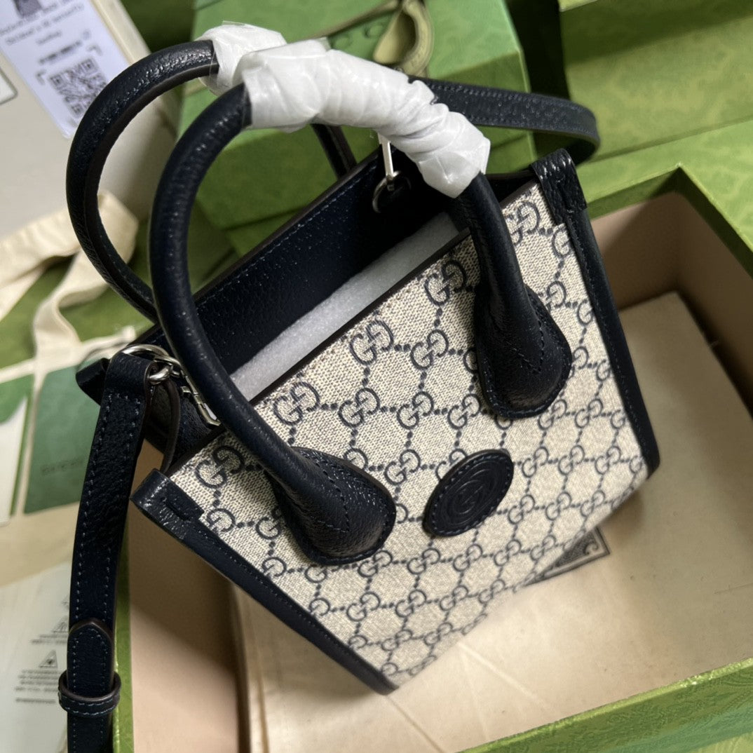gg Mini Tote Bag With Interlocking G Beige And Blue gg Supreme Canvas For Women 7.8in/20cm 671623 K9GSN 4075