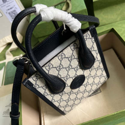 gg Mini Tote Bag With Interlocking G Beige And Blue gg Supreme Canvas For Women 7.8in/20cm 671623 K9GSN 4075