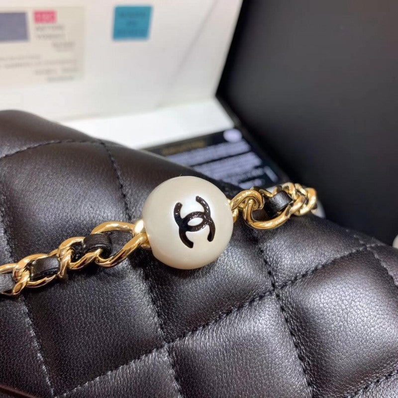 Small Pearl Logo Strap Flap Bag AS1436 Black