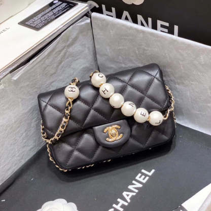 Small Pearl Logo Strap Flap Bag AS1436 Black