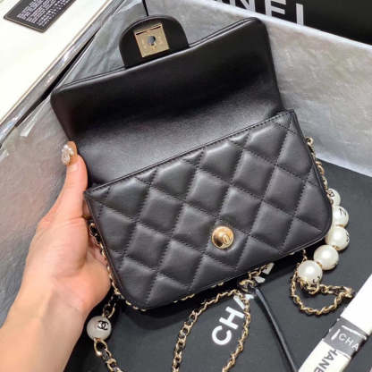 Small Pearl Logo Strap Flap Bag AS1436 Black