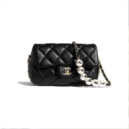 Small Pearl Logo Strap Flap Bag AS1436 Black