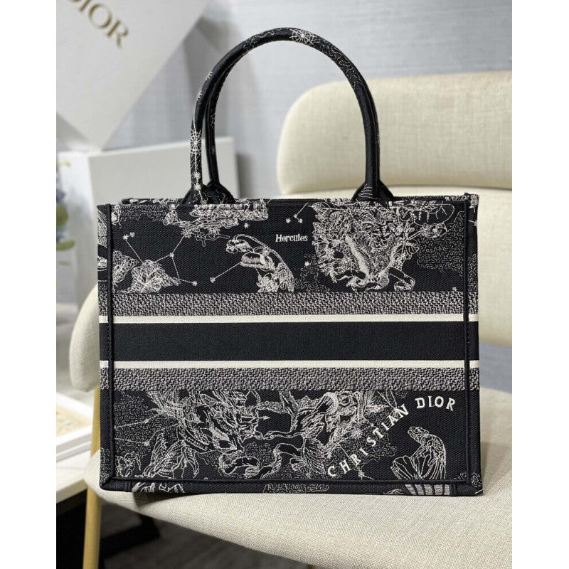 Medium Book Tote Black Toile de Jouy Zodiac Embroidery M1296