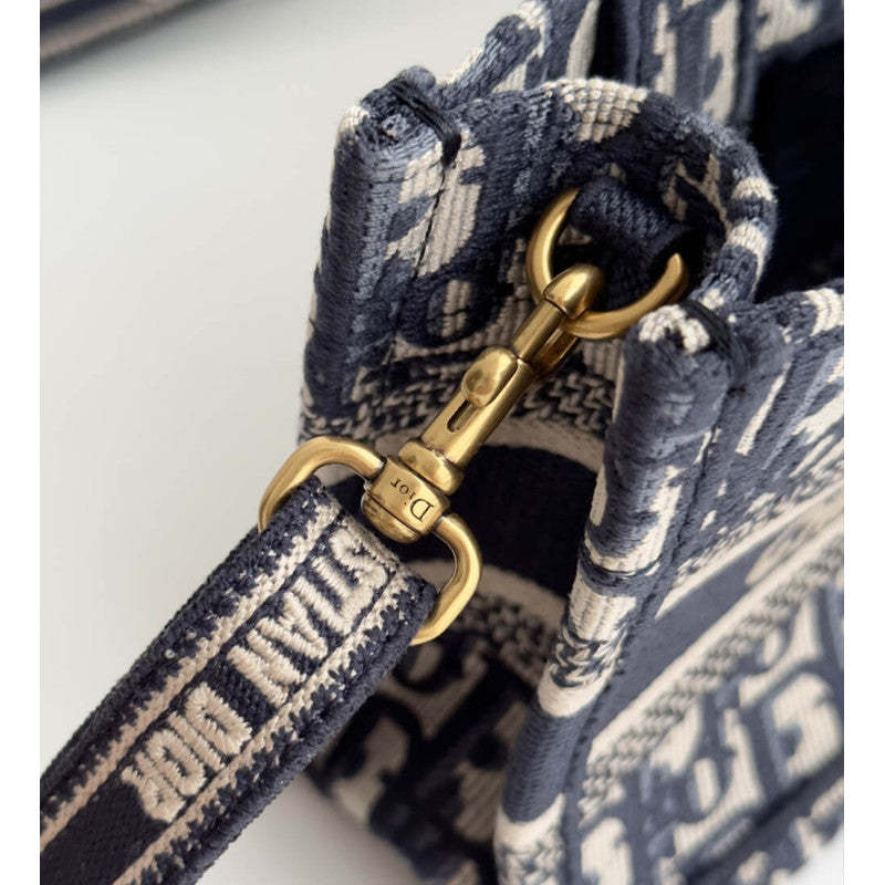 Mini Book Tote With Strap Blue and Beige Oblique Embroidery S5573