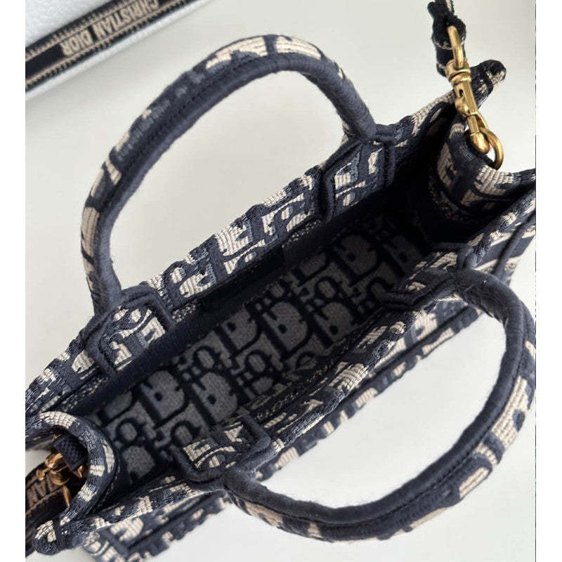 Mini Book Tote With Strap Blue and Beige Oblique Embroidery S5573