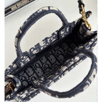 Mini Book Tote With Strap Blue and Beige Oblique Embroidery S5573