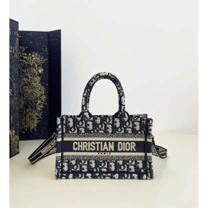 Mini Book Tote With Strap Blue and Beige Oblique Embroidery S5573