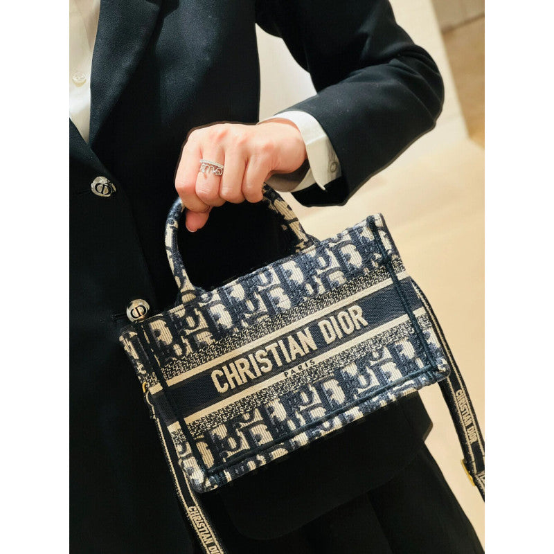 Mini Book Tote With Strap Blue and Beige Oblique Embroidery S5573