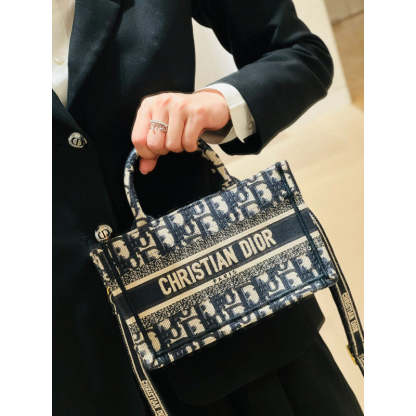 Mini Book Tote With Strap Blue and Beige Oblique Embroidery S5573