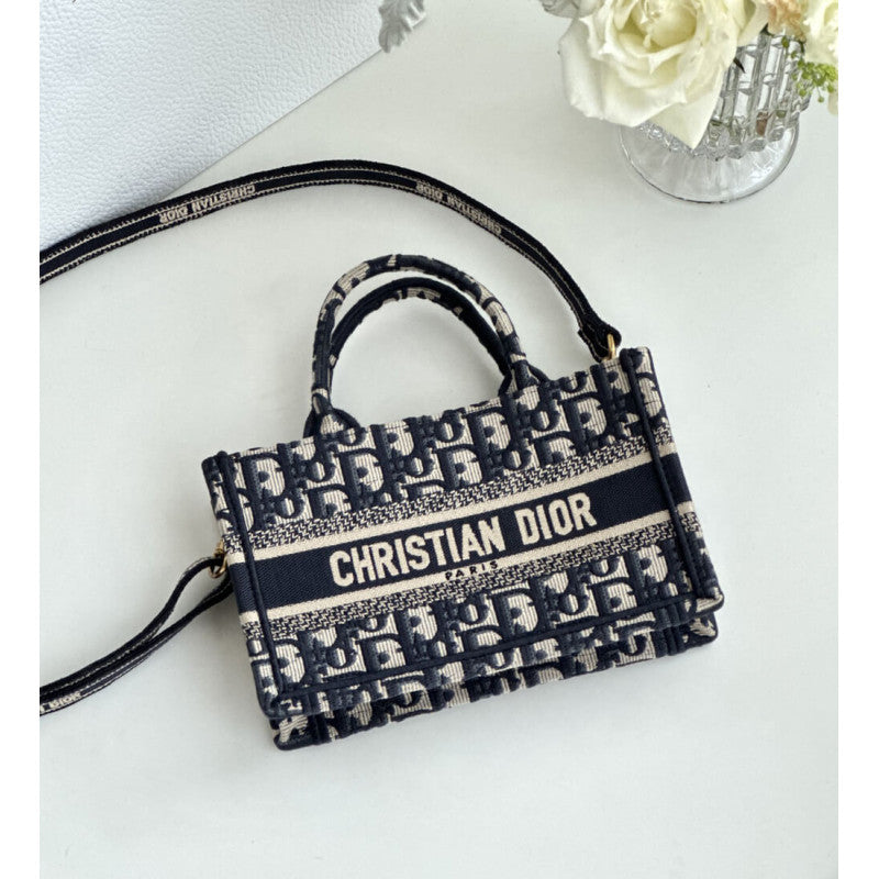 Mini Book Tote With Strap Blue and Beige Oblique Embroidery S5573