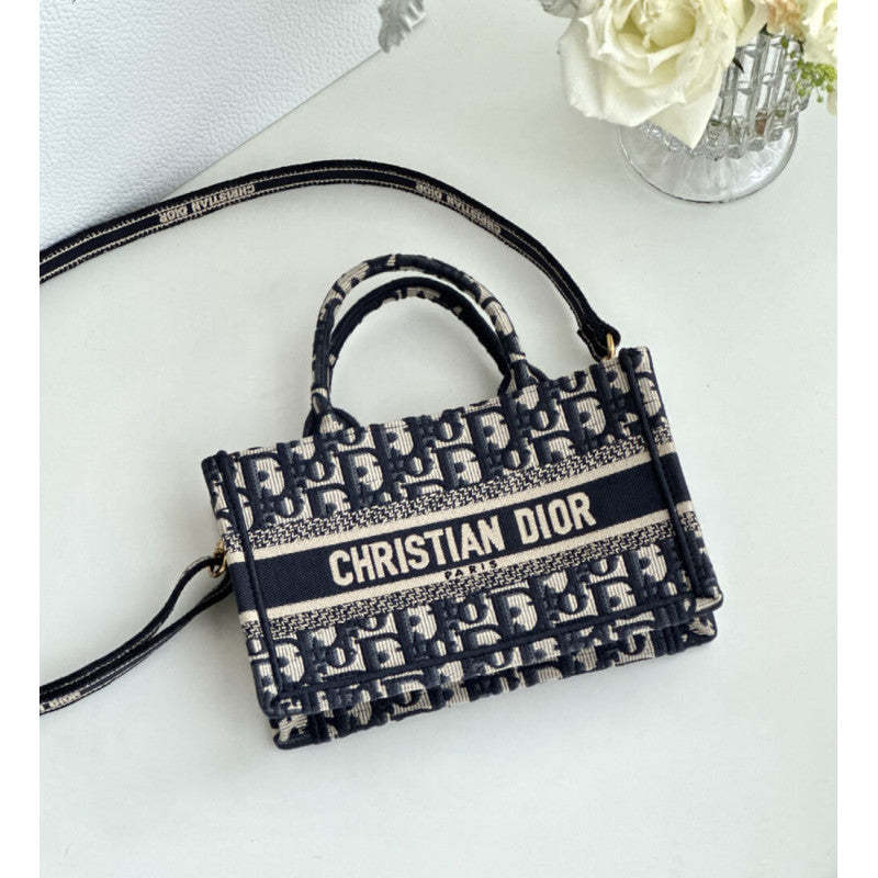 Mini Book Tote With Strap Blue and Beige Oblique Embroidery S5573