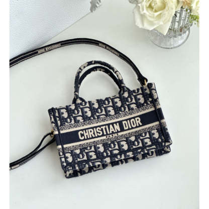 Mini Book Tote With Strap Blue and Beige Oblique Embroidery S5573