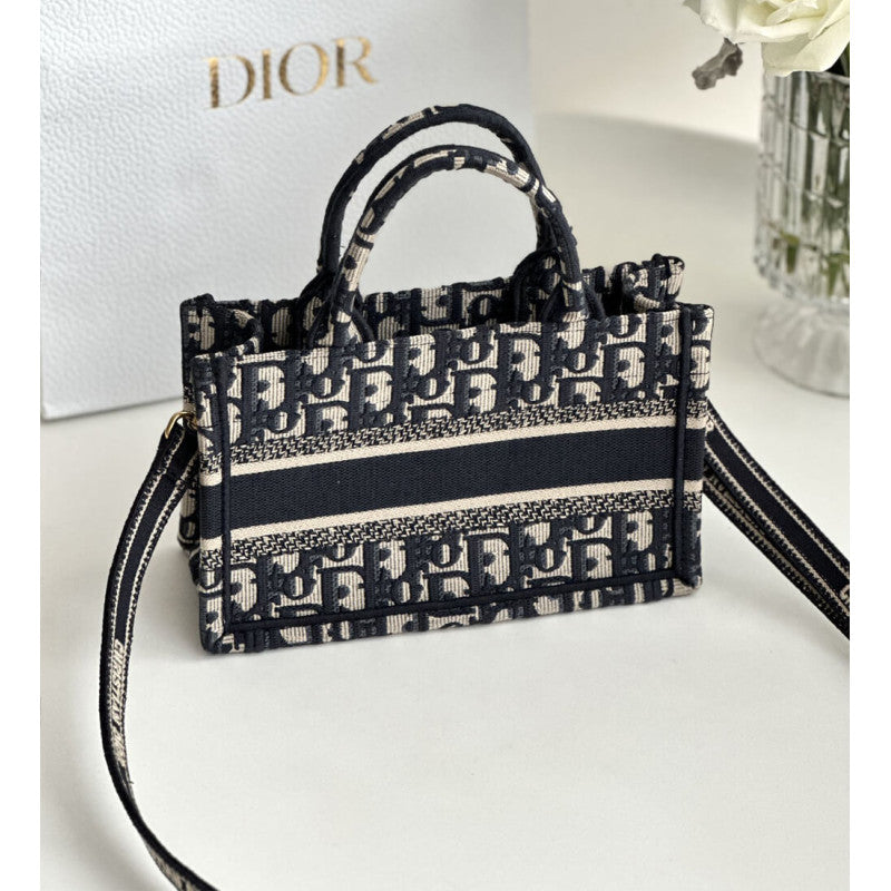 Mini Book Tote With Strap Blue and Beige Oblique Embroidery S5573