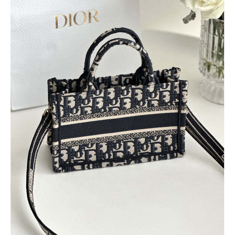 Mini Book Tote With Strap Blue and Beige Oblique Embroidery S5573